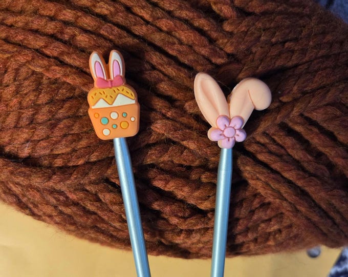 Orange Basket and Peach Ears Knitting Needle Point Savers and Stitch Holders So Stitches Don't Slip Off Needles. Set of 2. Free Shipping.