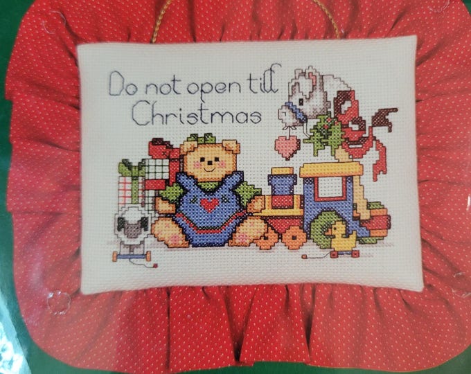 Bucilla Do Not Open Till Christmas Hanging Pillow/Picture Counted Cross Stitch Kit. FREE SHIPPING. Good Condition.