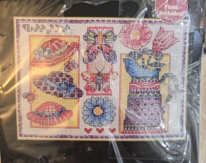 Bucilla Garden Hats Counted Cross Stitch Kit. FREE SHIPPING. Older Package Retaped Condition.
