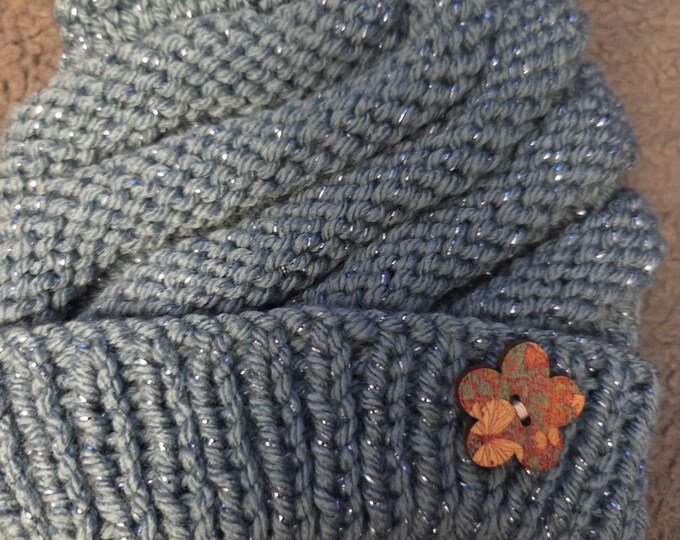 Handmade Knit Kids Hat Size Small. Acrylic Yarn. Teal with Flower Button. FREE Shipping.