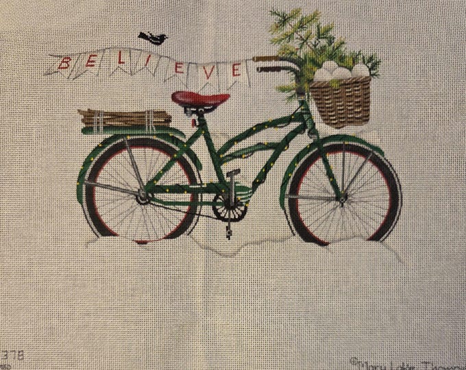 Mary Lake Thompson Christmas Bike Needlepoint Canvas 18# 11"x8.5". Preowned Estate Sale Good Condition. Free Shipping.