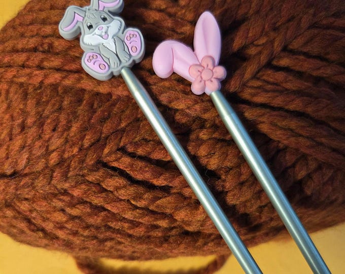 Bunny and Light Pink Ears Knitting Needle Point Savers and Stitch Holders So Stitches Don't Slip Off Needles. Set of 2. Free Shipping.
