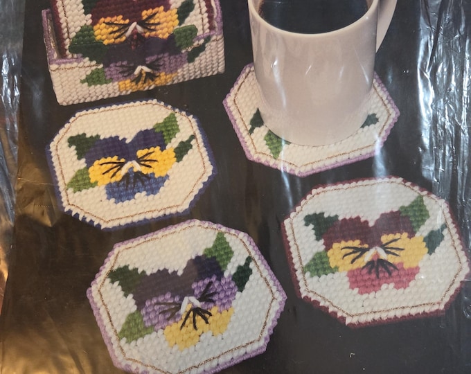 Bucilla Pansy Coasters Plastic Canvas Kit FREE SHIPPING. Older Condition.