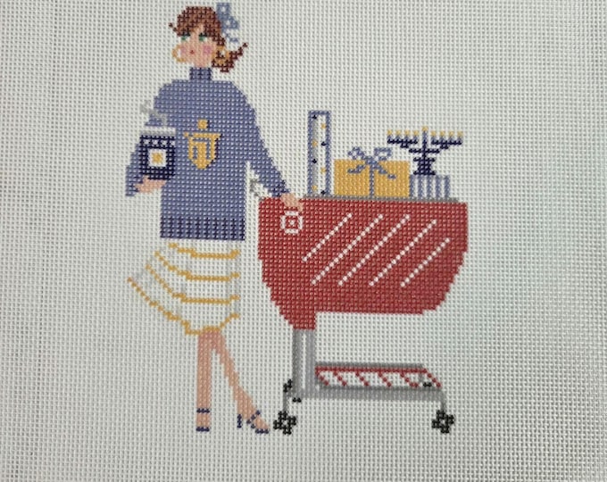 Jennifer Vallez Girl Hanukkah Shopping at T Store 18 mesh Needlepoint Canvas. FREE SHIPPING. New Condition.