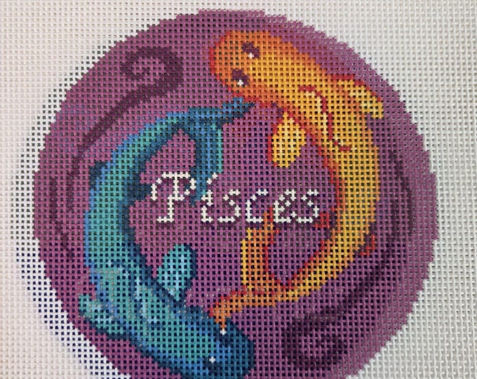 Pisces Needlepoint Canvas. 18 Mesh 4" Round. New Condition. Free Shipping. Needlepaint LLC Design.