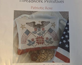 Threadwork Primitives Patriotic Rose Cross Stitch Pattern. FREE SHIPPING. Used Condition