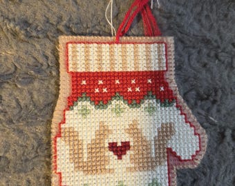 Handmade Mini 3inch Squirrels Christmas Mitten Ornament Cross Stitched. FREE SHIPPING.