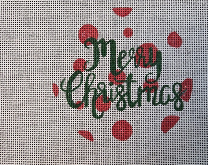 A Poore Girl Paints Merry Christmas Needlepoint Canvas 18# 4.25" Round. Preowned Estate Sale Like New Condition. Free Shipping.