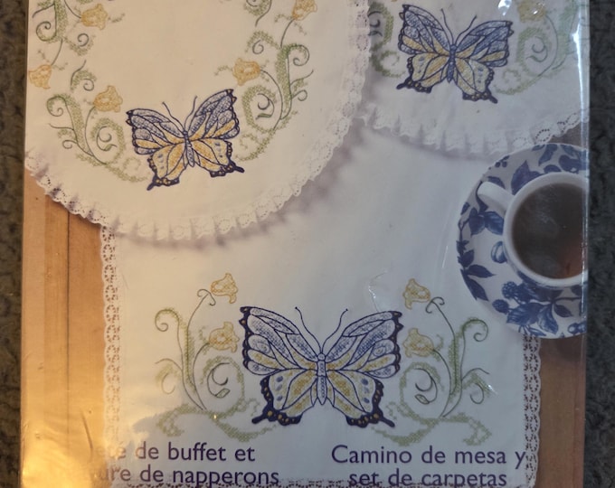 Bucilla Butterfly Dresser Scarf & Doily Set FREE SHIPPING. Good Condition.