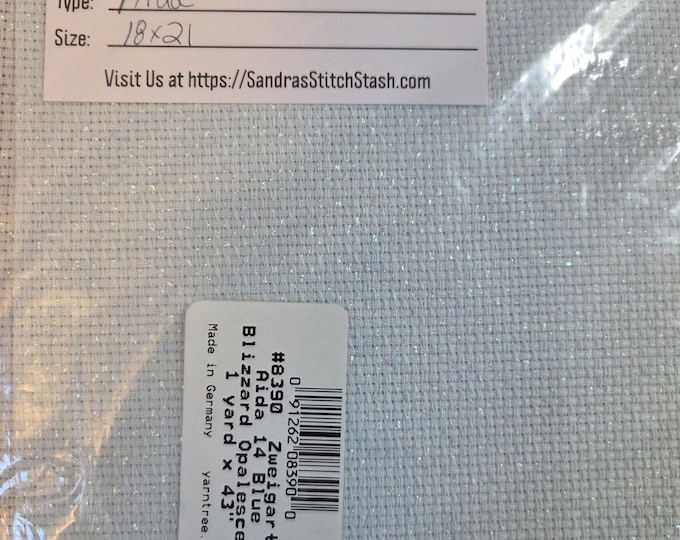 14ct Aida 18x21 Zweigart Blue Blizzard Opalescent Fabric. FREE SHIPPING.