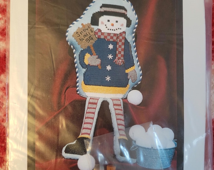 Snowman Shelf Sitter Cross Stitch Pattern with buttons. FREE SHIPPING.