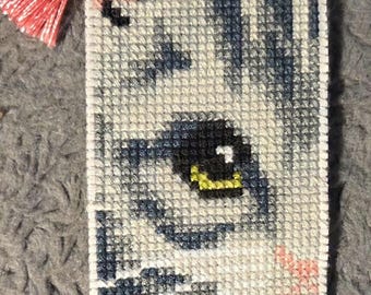 Cat Face with Pink Handmade Cross Stitched Bookmark. FREE Shipping.