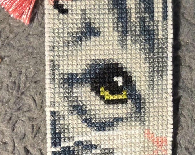 Cat Face with Pink Handmade Cross Stitched Bookmark. FREE Shipping.