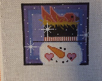 Cheryl Schaeffer CX35A Snowman with Bird in Hat Needlepoint Canvas. 4.75" X 4.5". 13ct. Preowned Condition. FREE SHIPPING