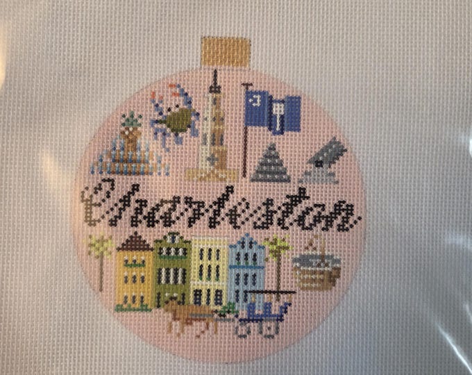 Kirk & Bradley Charleston Needlepoint Canvas, Stitch Guide, Thread Pack.  18 Mesh 4" Round. Preowned Estate Sale Like New Condition.