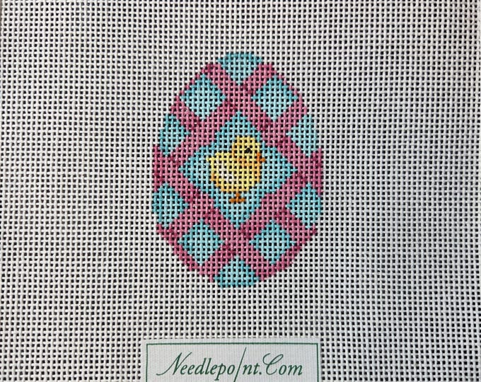 Mini Egg Pink Lattice Yellow Duck Needlepoint Canvas 18# 2"x2.5". Preowned Estate Sale Good Condition. Free Shipping.