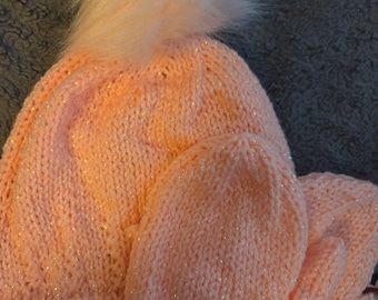 Handmade Knit Hat and Mitten Set Toddler Size Acrylic Yarn. Peach Sparkle Color with Peach PomPom. FREE Shipping.