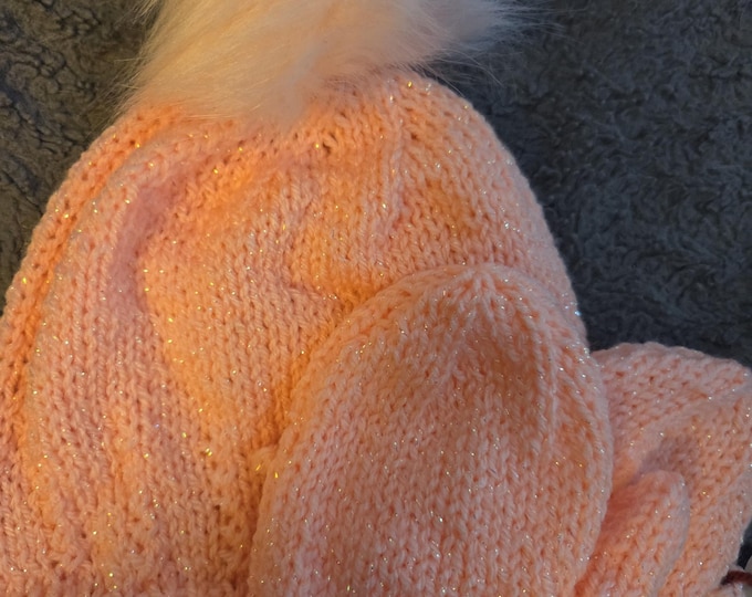 Handmade Knit Hat and Mitten Set Toddler Size Acrylic Yarn. Peach Sparkle Color with Peach PomPom. FREE Shipping.