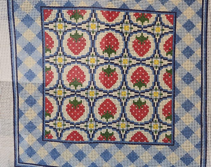 Needlepoint Junction Summer Strawberry Needlepoint Canvas with Threads 13# 10"x10". Preowned Estate Sale Good Cond.