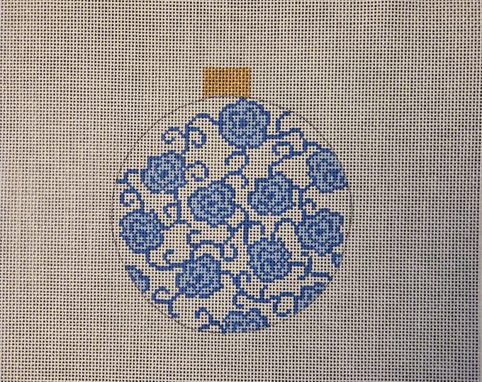Poppys Design Blue and White Flowers Ornament Needlepoint Canvas 18# 4" Round. Preowned Estate Sale Like New Condition. Free Shipping.