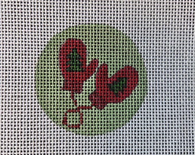 Christmas Mittens Mini Round Needlepoint Canvas.  18 Mesh 2" Mini Round. Preowned Estate Sale Like New Condition. Free Shipping.