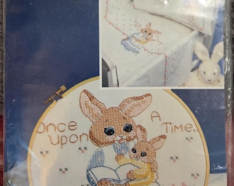 Vogart Crafts Stamped Cross Stitch Crib Sheet and Pillowcase Kit. FREE SHIPPING. Older Condition