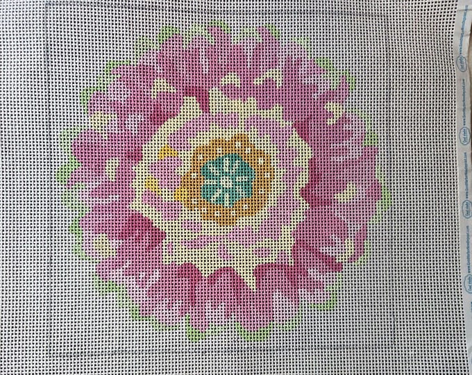 Jean Smith Pink Daisy Needlepoint Canvas with Threads.  13 Mesh 8"x8". Preowned Estate Sale Like New Condition. Free Shipping.