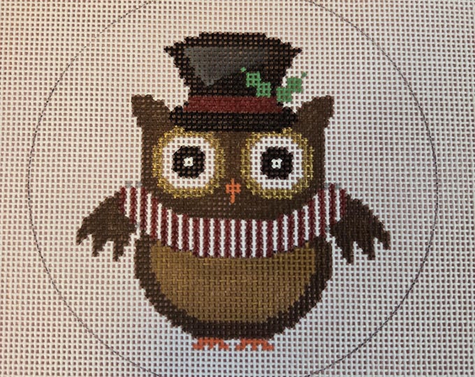 Christmas Owl 18 ct Mesh Needlepoint Canvas Finished Size 4.5" Round . Preowned Good Condition. Free Shipping.