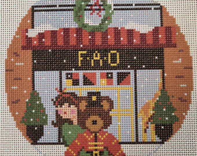 FAO Christmas Brown Hair Girl Needlepoint Canvas. 18 Mesh 5" Round. New Condition. Free Shipping.