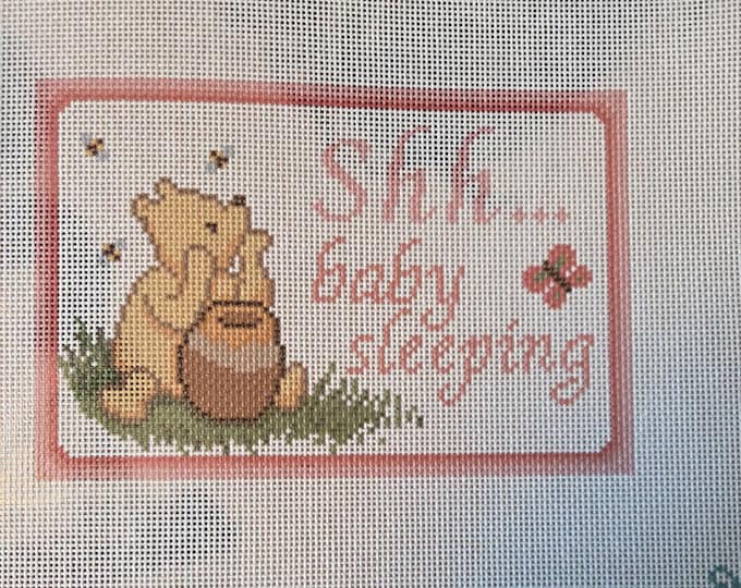 Shh Baby Sleeping Pink Honey Bear Needlepoint Canvas. 18 Mesh 6"x4" finished. Round. New Condition. Free Shipping. Needlepaint LLC Design.