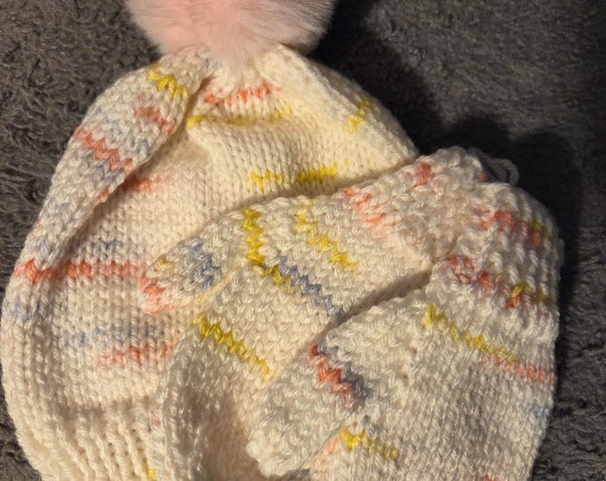 Handmade Knit Kids Hat and Mitten Size Small Set. Acrylic Yarn. Pastel Stripes with Pink PomPom. FREE Shipping.
