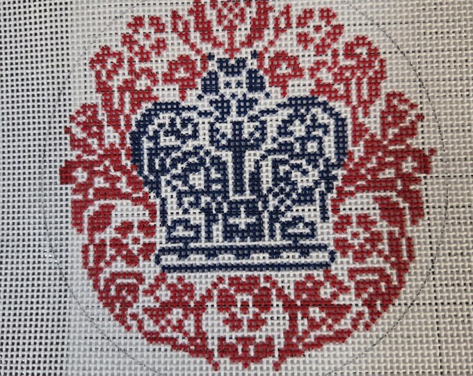 Coronation Emblem Needlepoint Canvas with Threads.  18 Mesh 4" Round. Preowned Estate Sale Like New Condition. Free Shipping.