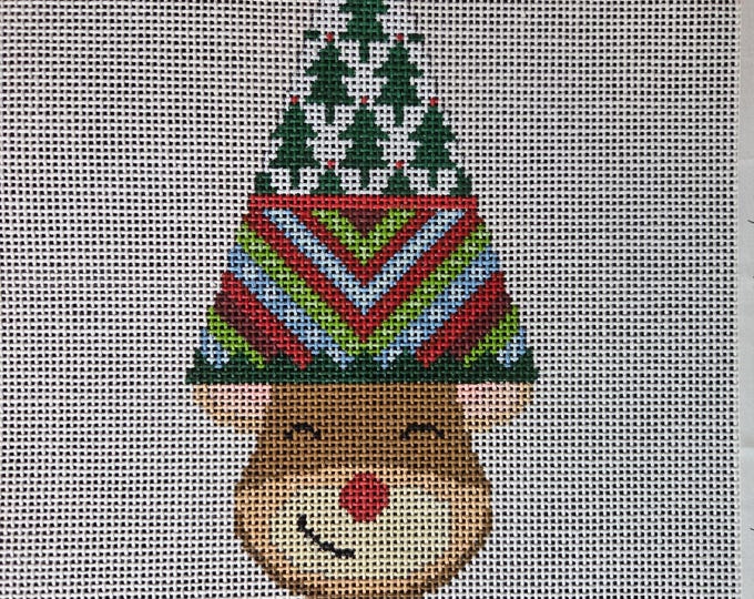 Kirk & Bradley Rudy Reindeer Games Needlepoint Canvas with Thread.  18 Mesh 3"x5.75". Preowned Estate Sale Like New Condition.