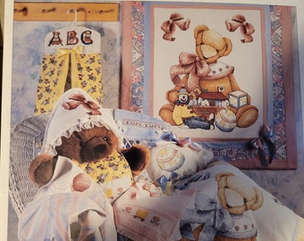 Vintage Charles Craft A Soft Touch For Baby. Baby Bib, Towels, Diaper Stacker and Blanket. Cross Stitch Pattern Book.
