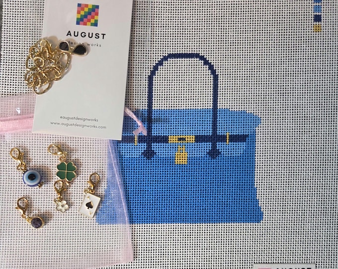 Blue Bougie Charm Bag plus chain eyeglass charm and charms shown. 8x8 canvas size 4x4 design 18 mesh Handpainted Canvas. New. Free Shipping.