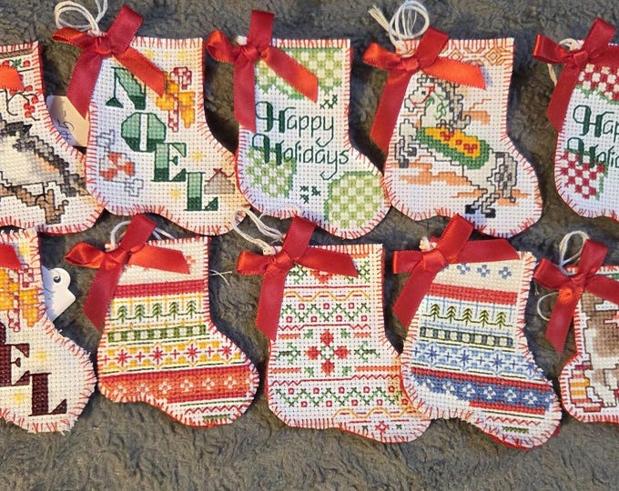 Handmade Mini 3inch Christmas Stocking Ornaments (closed top) Cross Stitched. FREE SHIPPING.