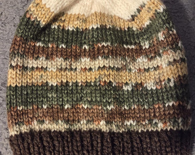 Handmade Knit Kids Hat Size Large. Acrylic Yarn. Brown and Green Stripes. FREE Shipping.