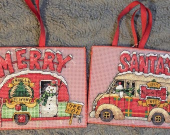 Handmade 5inch Christmas Ornaments Merry Camper or Santa's Trees. Cross Stitched. FREE SHIPPING.