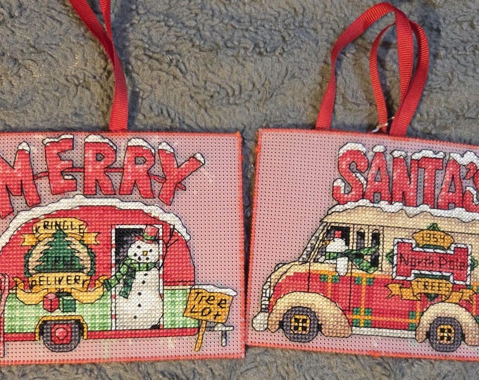 Handmade 5inch Christmas Ornaments Merry Camper or Santa's Trees. Cross Stitched. FREE SHIPPING.