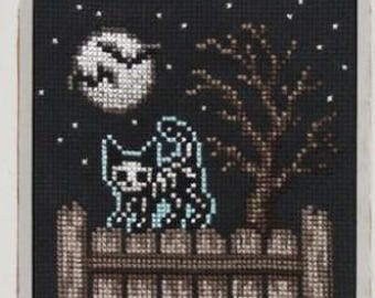 PREORDER Lola Crow Skelecat in the Moonlight Cross Stitch Pattern. 62wx65h. Avail After Aug 25. New.  Free Shipping.