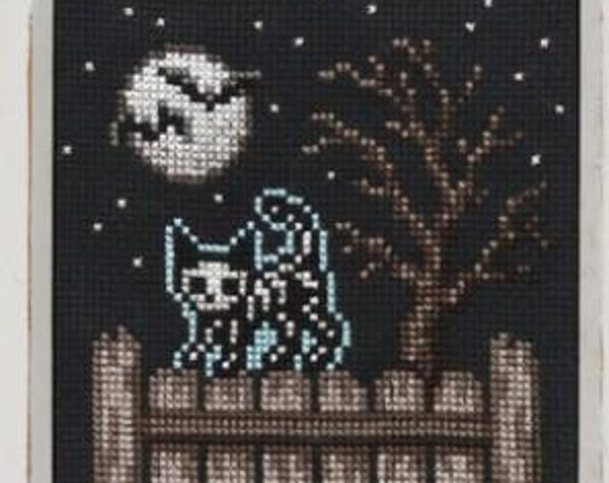 Lola Crow Skelecat in the Moonlight Cross Stitch Pattern. 62wx65h. New.  Free Shipping.