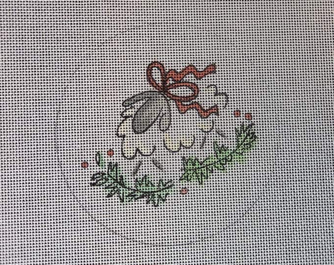 Camilla Moss Sheep Red Bow Needlepoint Canvas with Threads.  18 Mesh 4.5" Round. Preowned Estate Sale Like New Condition.