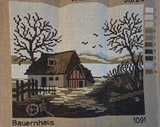 Bauernhaus Farmhouse Needlepoint 15x14 Canvas. Vintage Preowned. Free Shipping.