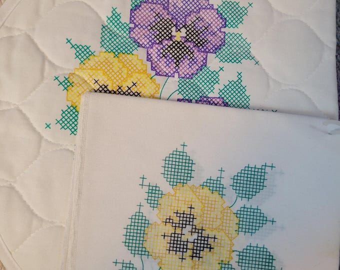 Pair of Stamped Cross Stitch Pansies Placemats and Napkins. FREE SHIPPING.