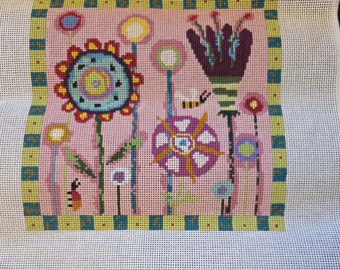 Birds of a Feather Spring Garden Needlepoint Canvas 13# 8.75"x8.75". Preowned Estate Sale Good Condition. Free Shipping. Canvas was rolled.