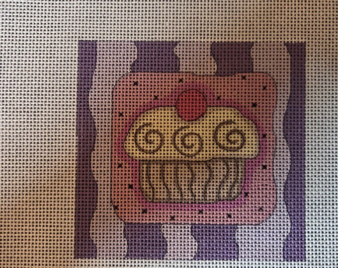 Ewe and Eye Emily Cupcake Needlepoint Canvas with Threads.  18 Mesh 3.5" Square. Preowned Estate Sale Like New Condition. Free Shipping.