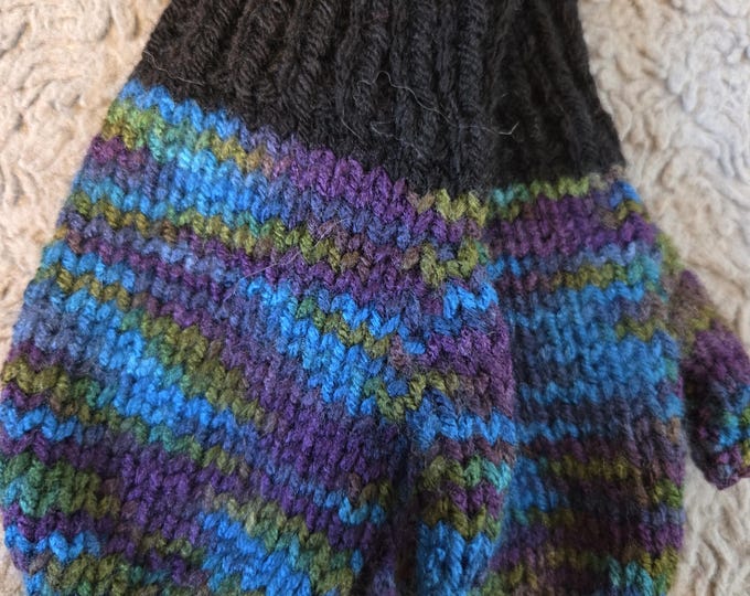 Handmade Knit Kids Mittens Size Small (ages 4 to 6) width 3 inch length 6.5 inch  Acrylic Yarn. Blue Multi Color Variegated. FREE Shipping.