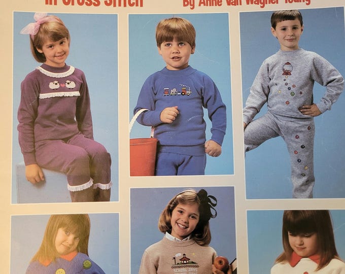 Vintage Leisure Arts Kids Sweats and Sweaters Cross Stitch Pattern. Free SHIPPING.