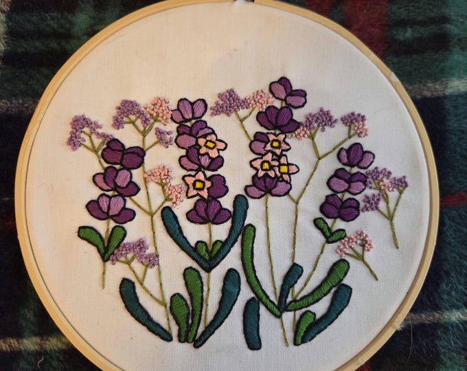 Purple Flowers Handmade Embroidered Picture in 6inch Hoop with Felt Backing. Free Shipping. Some glue markings on back.