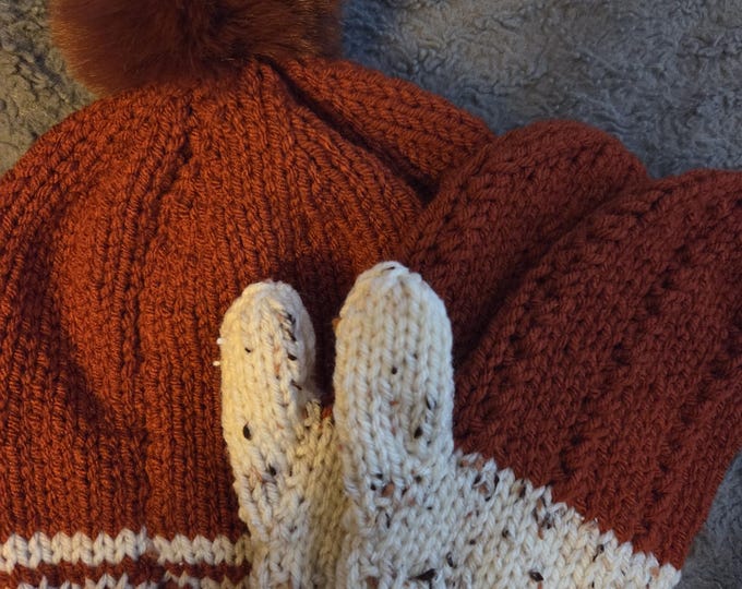 Handmade Knit Hat and Mitten Set Kids Large Size Acrylic Yarn. Rust with Beige Stripe Color with Rust PomPom. FREE Shipping.
